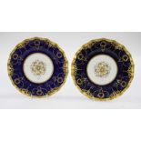 Two blue and gilt Royal Crown Derby plates with crimped edge,