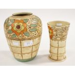 Two Charlotte Rhead Pottery vases, both tube lined, comprising ovoid vase and a waisted vase,