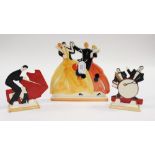 Wedgwood Clarice Cliff collection three figurals, one depicting dancers, one playing piano,
