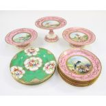 A Continental style dessert set, hand painted bird decoration with gilded border,