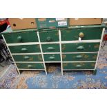 Large, painted shop counter unit with eleven drawers and brass 3ft measure to counter top,