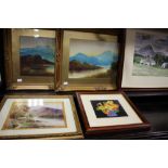 Two watercolour paintings of lakes and mountains, together with a watercolour of Outgates,