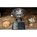 A silver plated comport, together with a wine coaster,