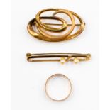 A 14ct gold, double bar brooch, surmounted with two pearls, stamped 14k,