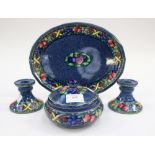 A Minton rotique pattern dressing table set including a pair of candlesticks,