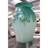 A studio glass baluster vase, turquoise ground with colour and deeper green shades,