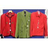 A Gaultier long red wool jacket edged in black binding with green applique felt wool detailing,