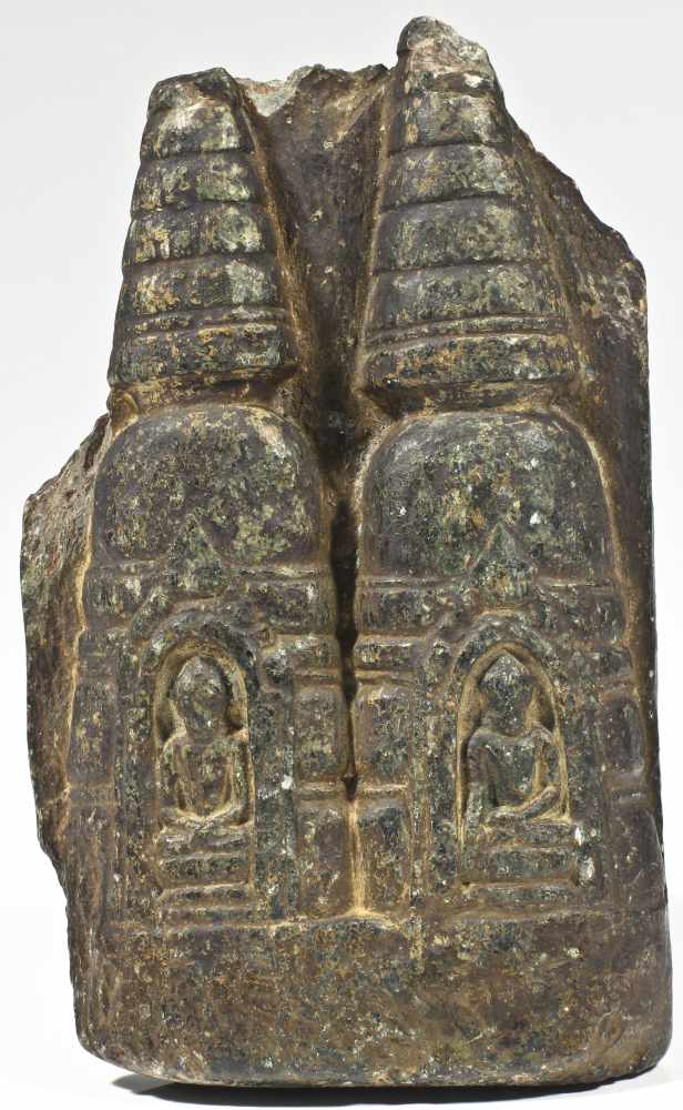 Buddhas in Stupas grey schist Tibet 16th century stone fragment, the front decorated with two