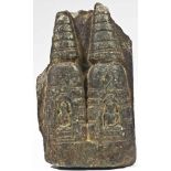 Buddhas in Stupas grey schist Tibet 16th century stone fragment, the front decorated with two