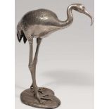 Crane white metall silvered Japan 19th century standing with both feet on the ground, his head