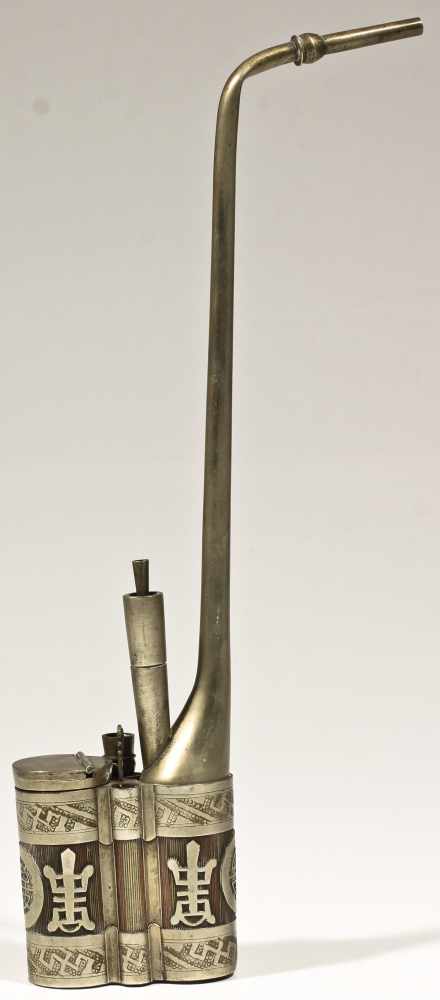 Opium pipe bronze and silver China 19th century - Image 2 of 2