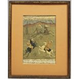 Indian miniature paper North West India Scene of 2 men riding their horses, having their arms raised