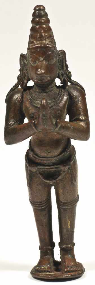 Hanuman bronze India 18th century Rare form of Hanuman, straight standing, arms raised to Namaskar