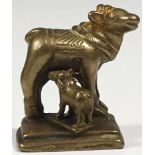 Nandi with child brass bronze India 19th century The Nandi and the plinth cast in one part, his