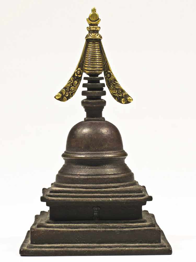 Stupa Bronze Nepal, 17th century Wonderful antique Nepalese Bronze Stupa. The multi stepped square