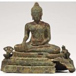 Buddha and two Garudas bronze Thailand 19th century Buddha sitting in lotus posture, the hands in