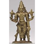 Vishnu brass bronze India 18th century Vishnu with 4 arms. His upper right holding the conch, the