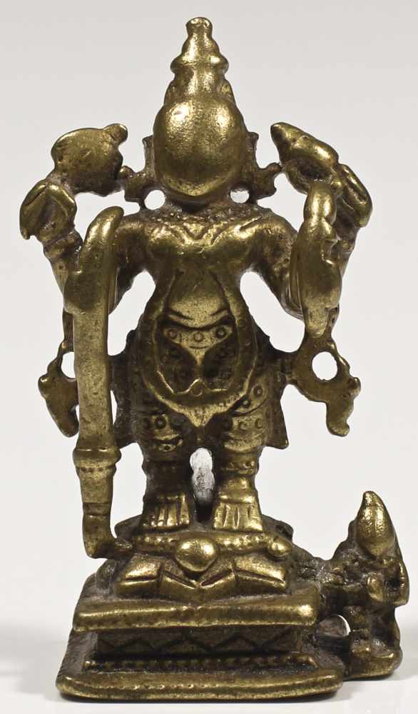 Vishnu bronze India 14th century Vishnu with 4 arms, standing on a turtle. His upper right holding