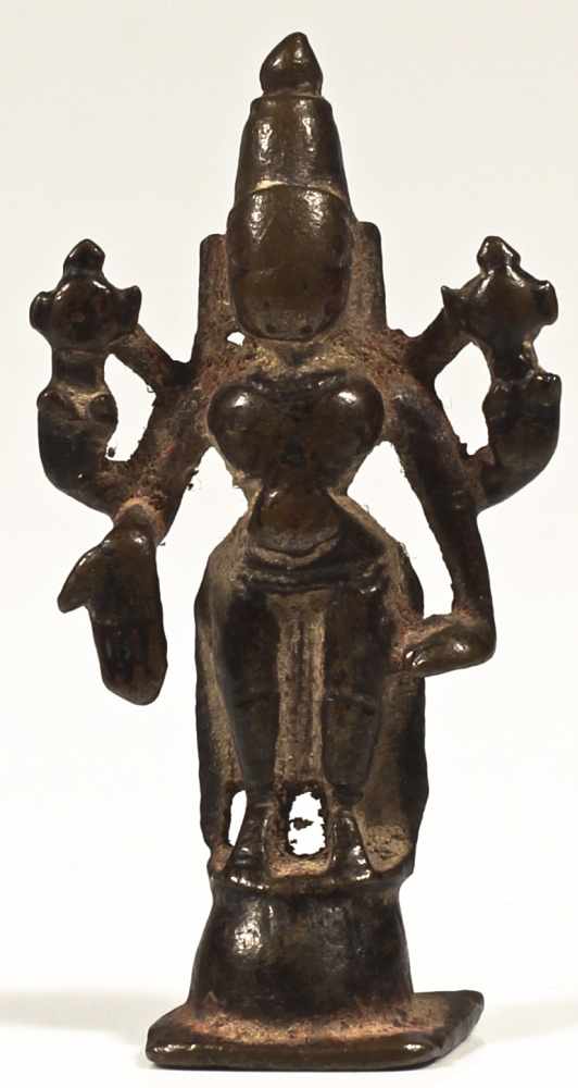 Vishnu copper alloy bronze Nepal, 15th century Straight standing 4 armed Vishnu, his upper right