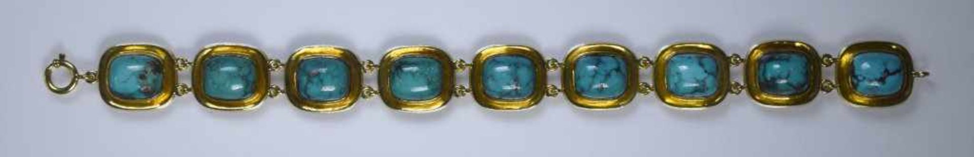 Bracelet - 18 Kt yellow gold & turquoise En or jaune 18 ct, serti de 9 cabochons de turquoise. - Image 2 of 2