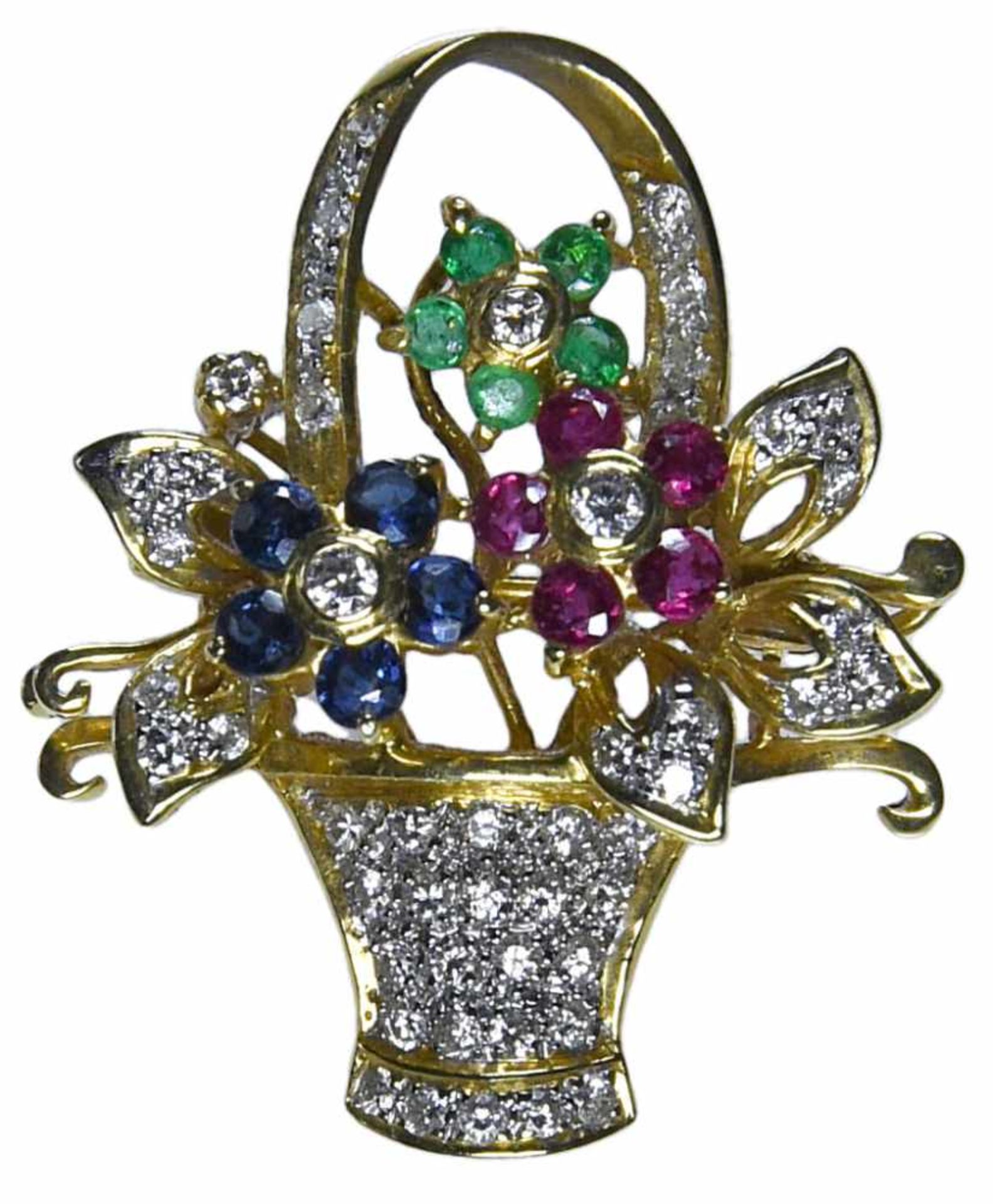 Beheyt Frères - Brooch flowerbunch - 18 Kt yellow gold, ruby, saphire, emerald En or jaune 18 ct,