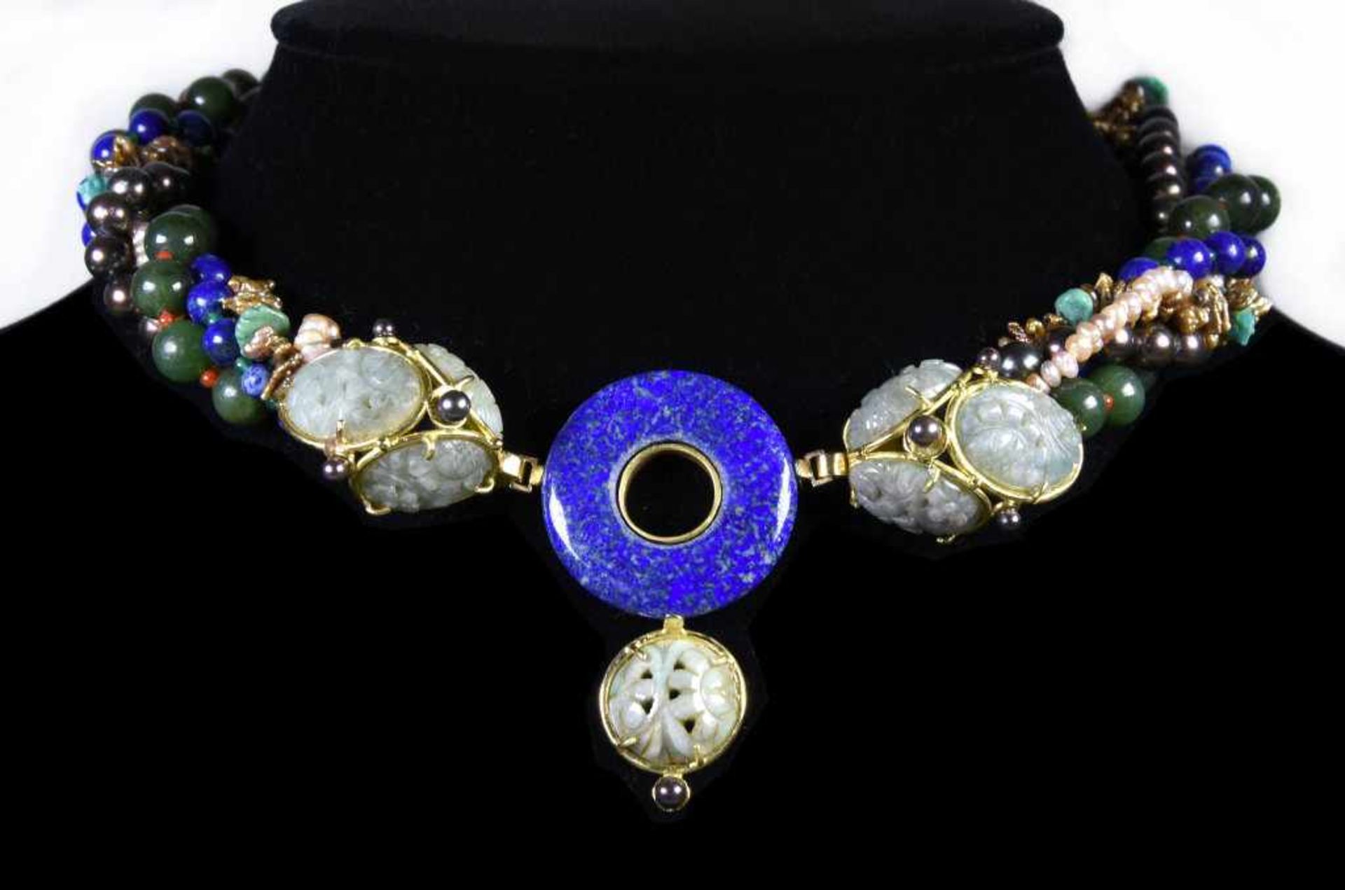 Jacques Michel - set "Gustave Moreau" - 18 Kt yellow gold, jade, pearls, lapis lazuli, turquoise &