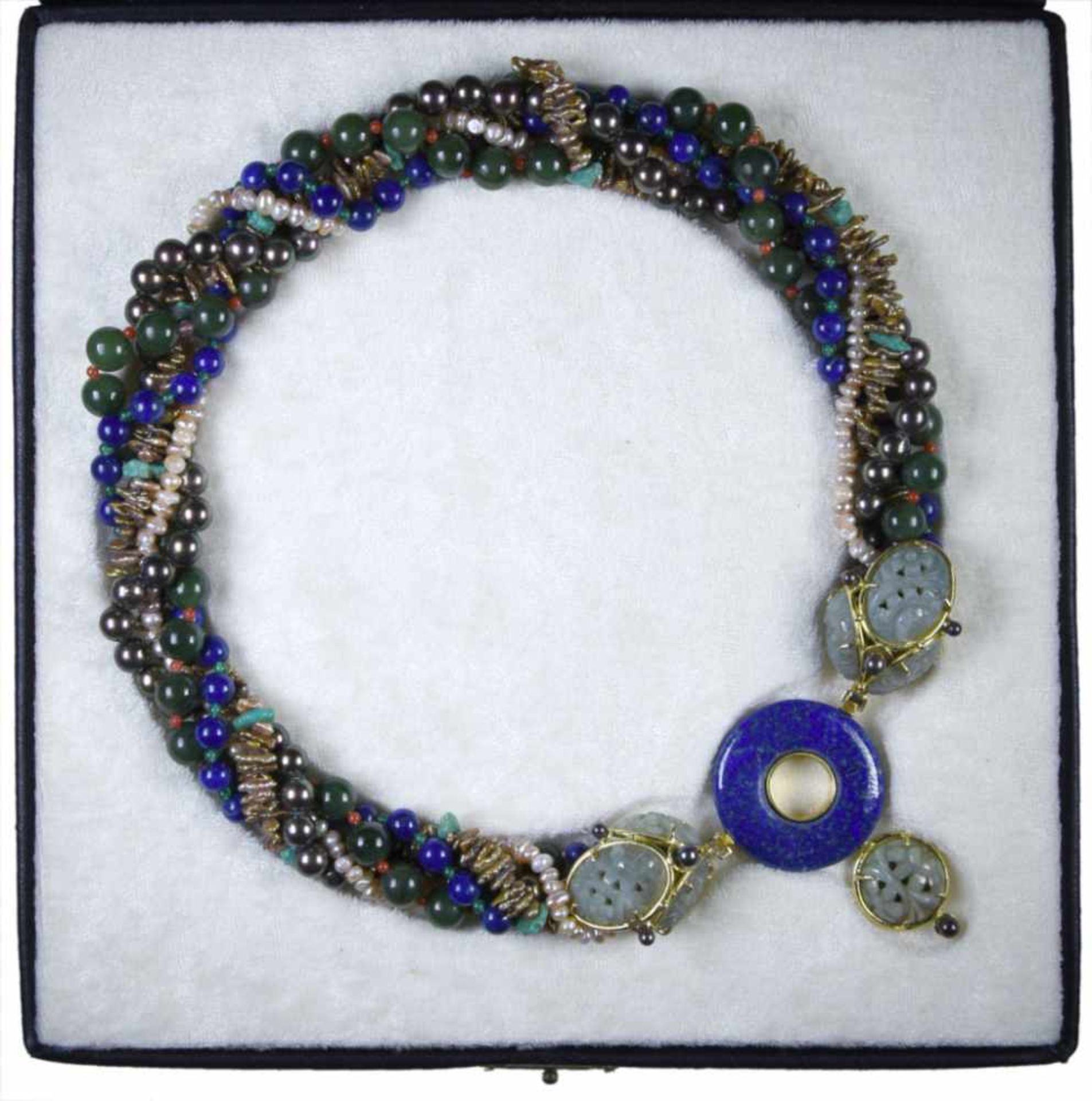 Jacques Michel - set "Gustave Moreau" - 18 Kt yellow gold, jade, pearls, lapis lazuli, turquoise & - Image 2 of 6