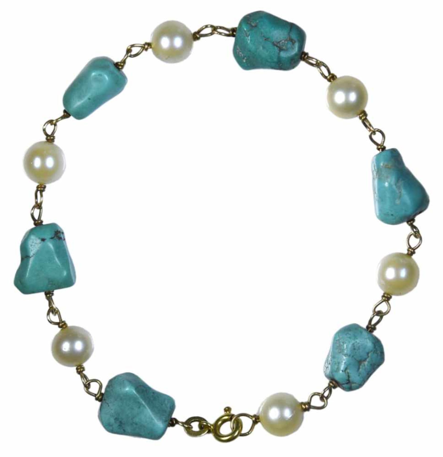 Bracelet - 18 Kt yellow gold, turquoise & pearls En or jaune 18 ct, orné de 6 turquoises et de 6