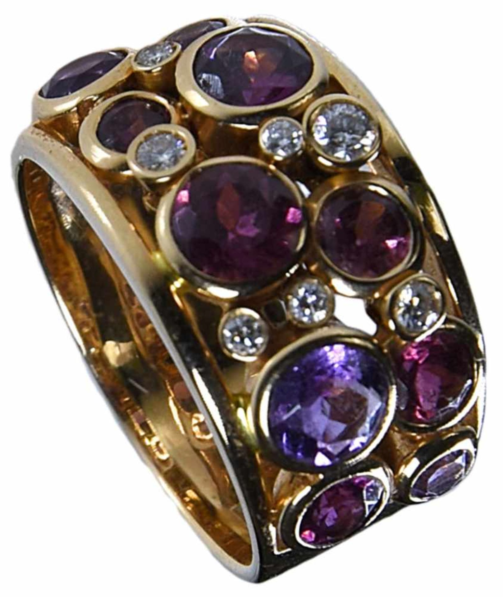 Ring - 18 Kt yellow gold & diamonds En or jaune 18 ct, sertie de tourmalines, d'améthystes et de - Image 2 of 2