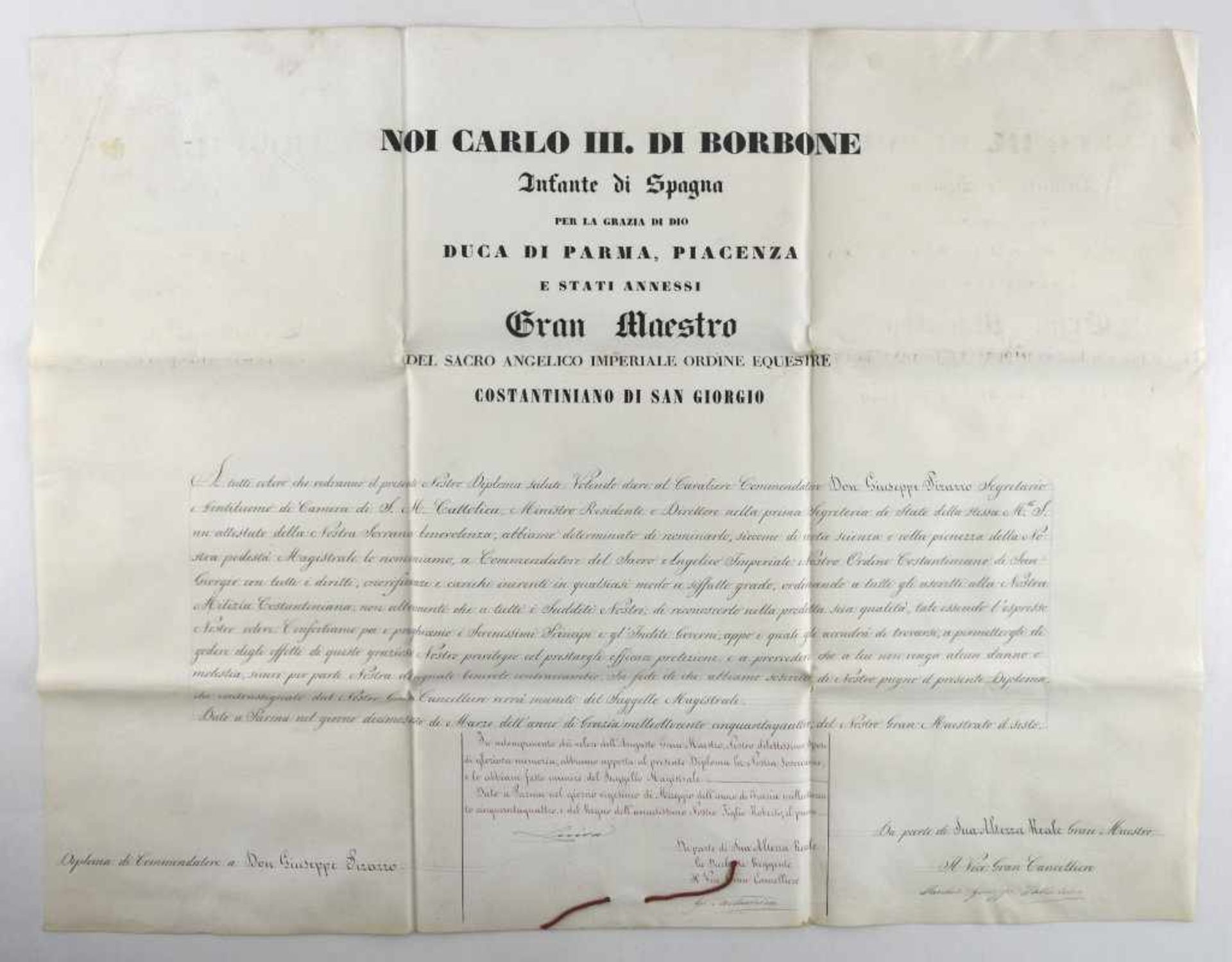 Italy (Parma) - Letter patent for a Commandeur of the Constantinian Order of Saint George dated 1854
