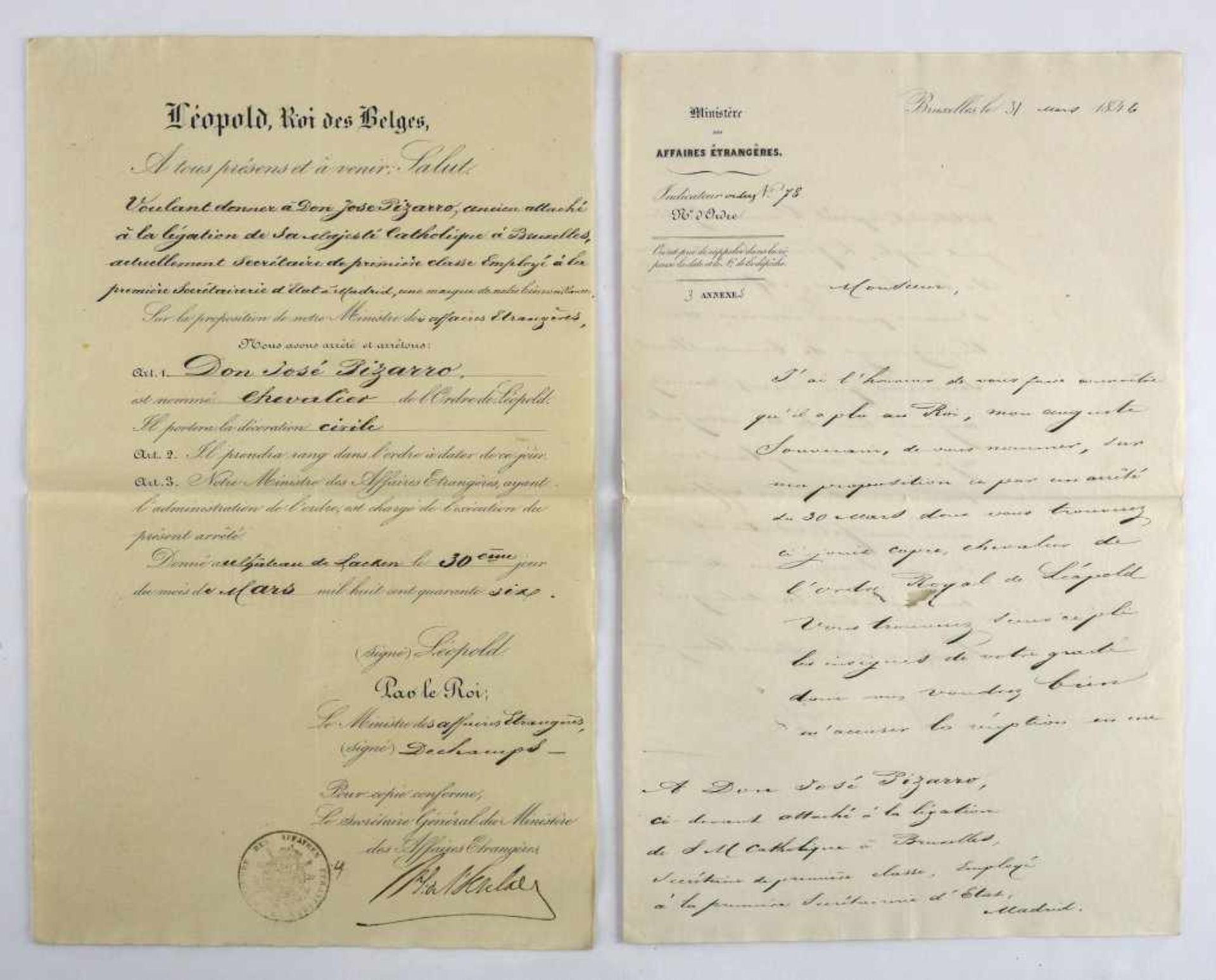 Belgium - Royal Decree nominating a Knight of the Order of Léopold dated 1846 Belgique - AR de