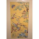 Chinese Silk Embroidered Panel, Depicting Birds, Trees & Pagoda 11.5 x 5.5 Inches