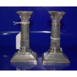 Pair Of Silver Corinthian Column Candlesticks, Fluted Form On A Square Stepped Base, Fully