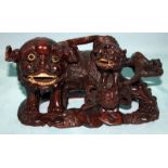 Antique Chinese Cherrywood Carving, Depicting A Foo Fu Dog & Pup, Bone Inset Eyes And Teeth.