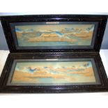 Pair Of Antique Chinese Cork Pictures Depicting River Scenes, In Original Carved Black Chinese