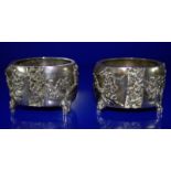 Pair Of Antique Chinese Silver Salts By Wang Hing, Of Shaped Form With Applied Cherry Blossom