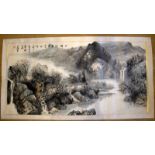 Large Chinese Watercolour Drawing Of A Majestic River Mountainous Landscape, Inscribed And Fully