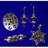 Collection Of 2 Amethyst Coloured Stone Set Brooches, A Similar Pendant And Drop Earrings (One Needs