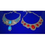 2 Middle Eastern Low Grade Silvered Metal Crescent Shaped Necklaces, With Turquoise And Agate