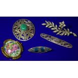 Collection Of 5 Brooches To Include An Arts And Crafts Enamel Brooch, A Limoges Floral Painted