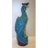 Antique Chinese Turquoise Glazed Peacock, Perched On A Rocky Floral Aubergine Glazed Base, Of