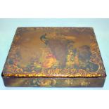 A MID VICTORIAN PAPIER-MACHE LADIES WRITING BOX finely painted with a peacock and floral