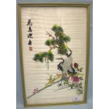 Small Chinese Emboidered Silk Panel, Depicting a Pair Of Crane Birds Amongst Pine Trees, Chinese