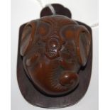 Rare Japanese Carved Elephant Head With Horn Eyes, Probably Carved Horn Bust On a Hard Wood