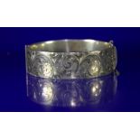 Georg Jensen Solid Silver Hinged Bangle, Foliage Engraved To Front, Safety Chain, Fully Hallmarked
