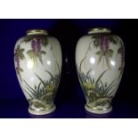 Japanese Meiji Period Satsuma Vases, Decorated With Trailing Wisteria,On River Bank With Irises,