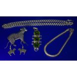 Mixed Collection Of Jewellery To Include A Silver Snake Chain Bracelet, A Large Silver Green Stone