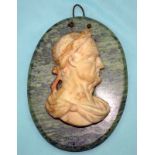 Roman Marble Medallion Depicting Caesar, Mounted On An Oval Green Marble Plaque, 6.5 x 5 Inches