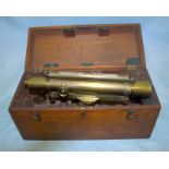 Troughton & Simms London japanned metal & brass level, with rack & pinion focus and compass in