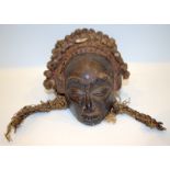 19thC African Tribal Art, Mask Of Small Proportions, With Elaborate Braided Hair Indset With Sea